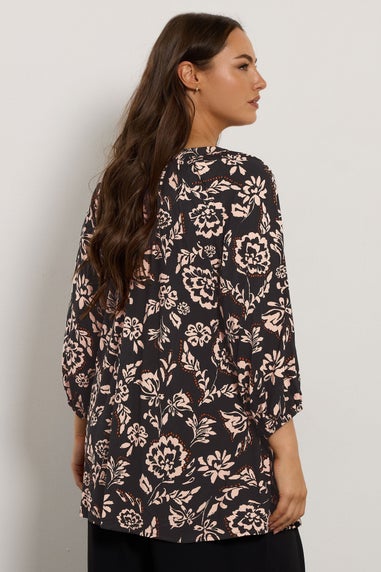 Evans Curve Black Floral Notch Neck Blouse