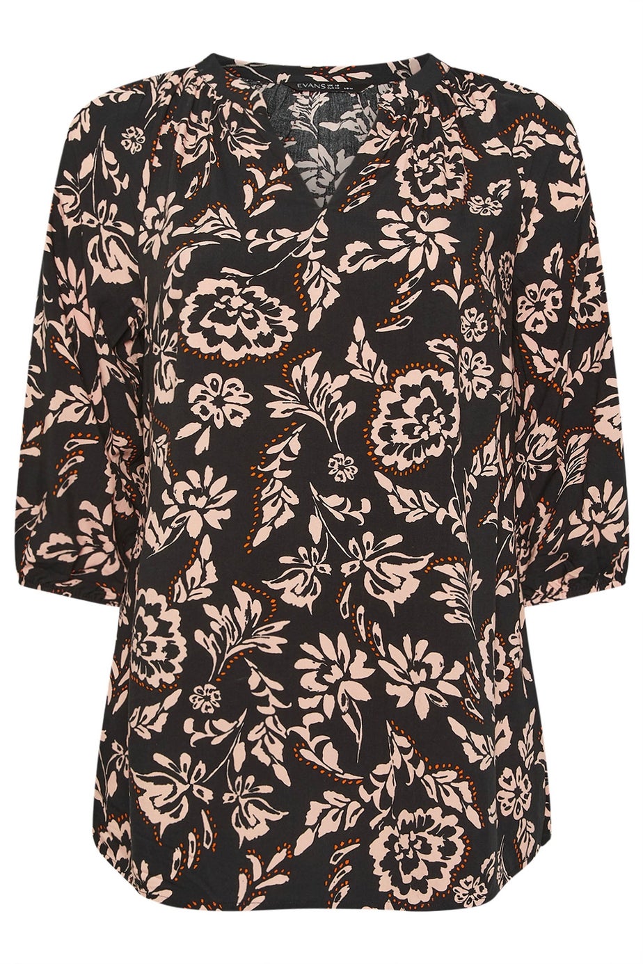 Evans Curve Black Floral Notch Neck Blouse