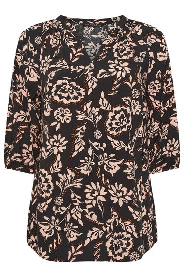 Evans Curve Black Floral Notch Neck Blouse