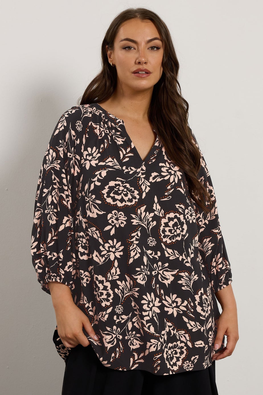 Evans Curve Black Floral Notch Neck Blouse