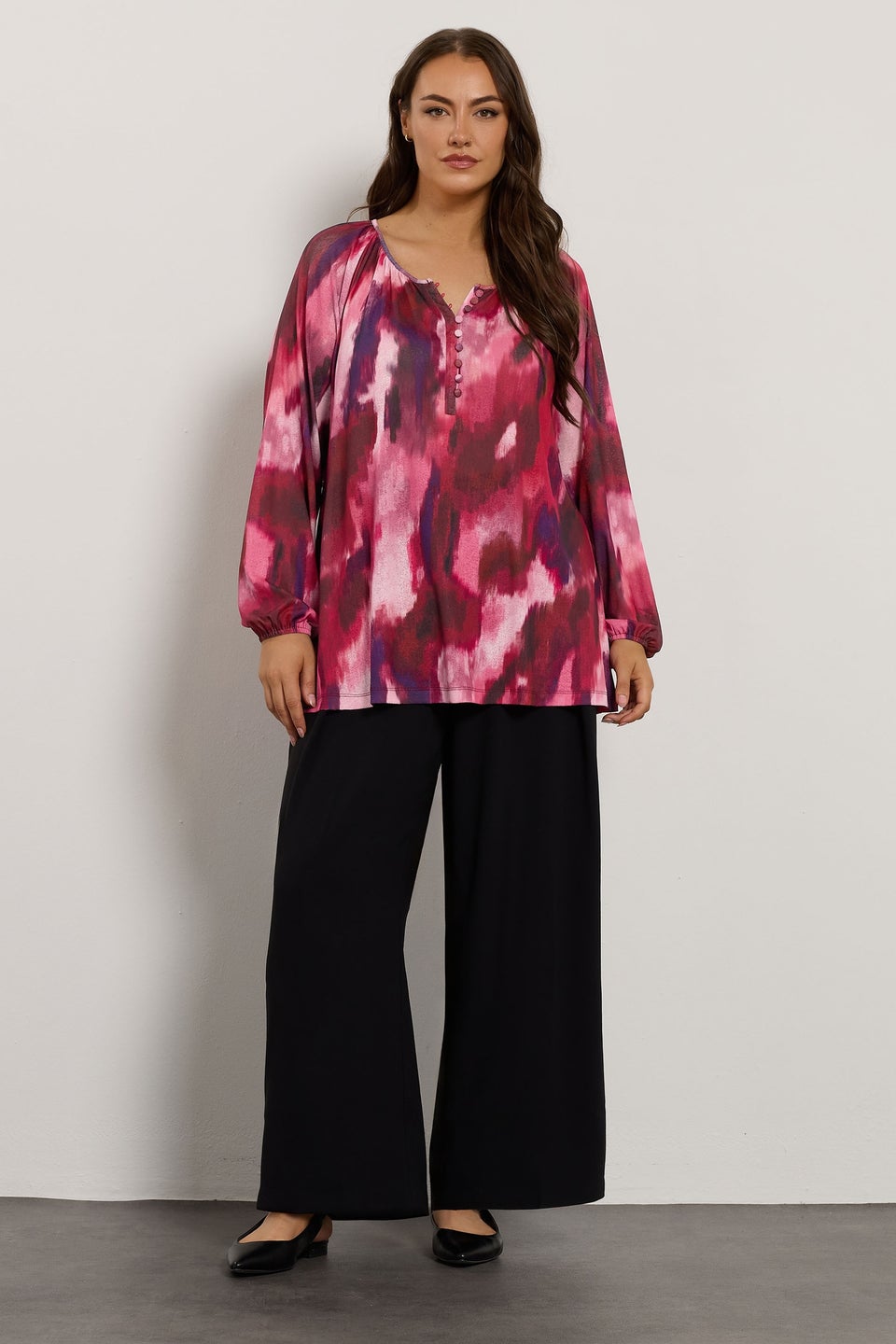 Evans Curve Pink Abstract Print Balloon Sleeve Blouse