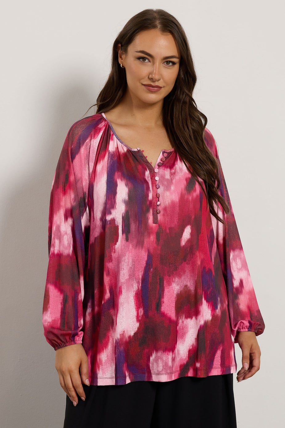 Evans Curve Pink Abstract Print Balloon Sleeve Blouse