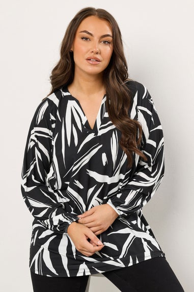 Evans Curve Black Abstract Print Notch Neck Jersey Blouse