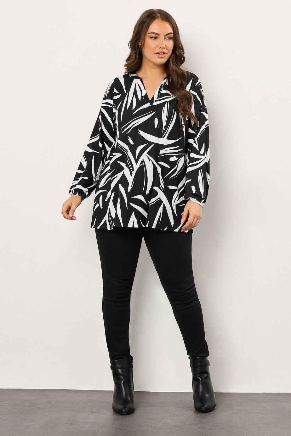Evans Curve Black Abstract Print Notch Neck Jersey Blouse