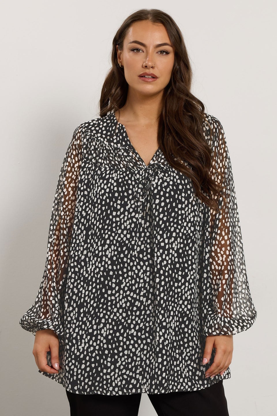 Evans Curve Black Spot Print Chiffon Blouse