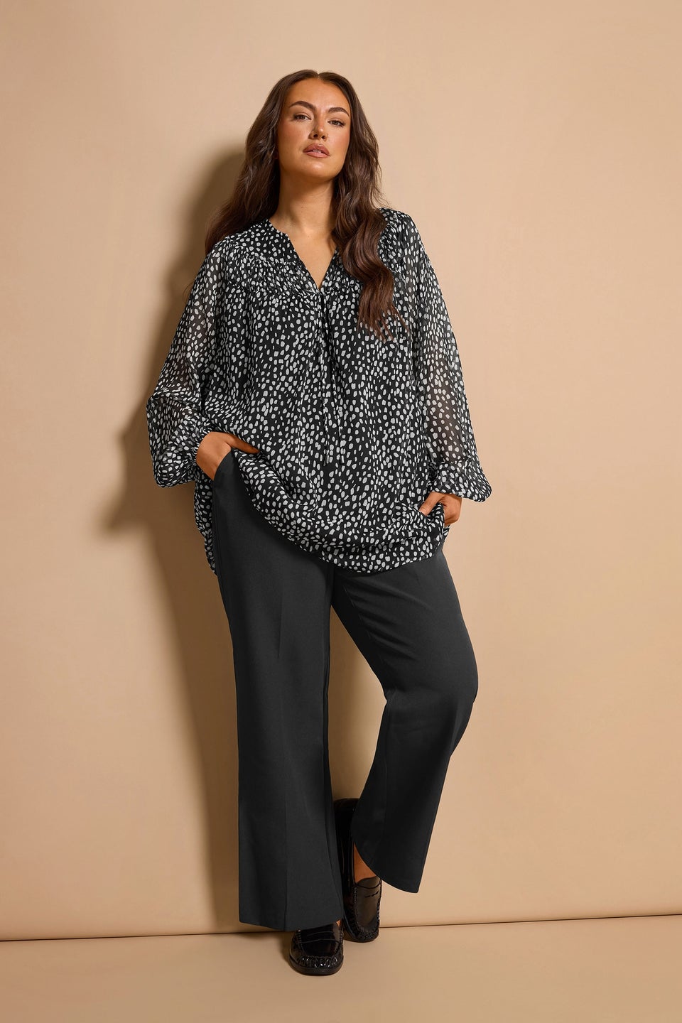 Evans Curve Black Spot Print Chiffon Blouse