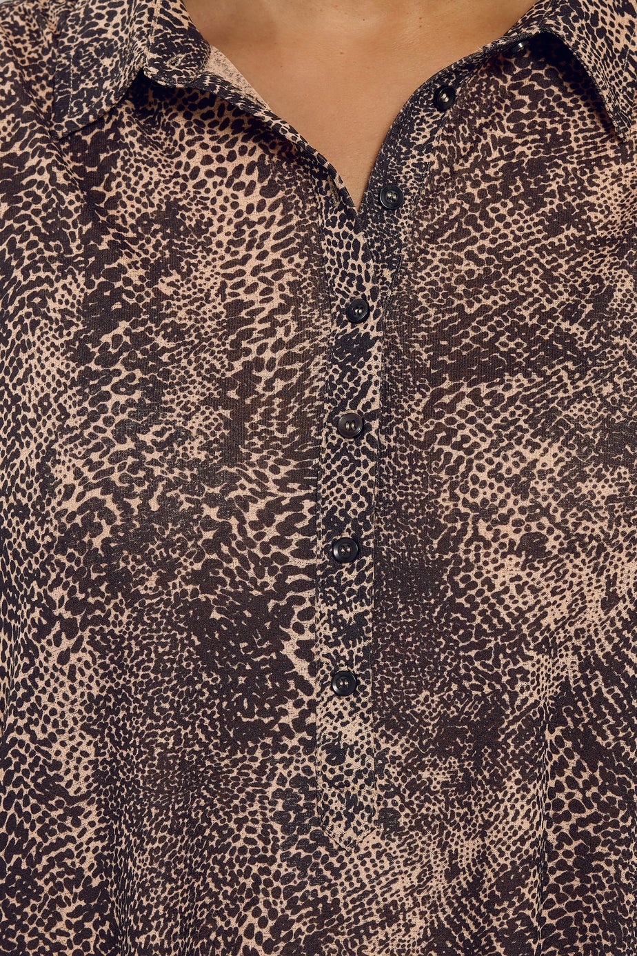 Evans Curve Natural & Black Animal Print Half Placket Shirt