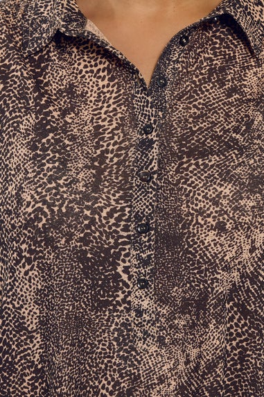 Evans Curve Natural & Black Animal Print Half Placket Shirt