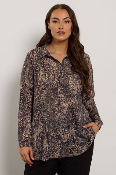 Evans Curve Natural & Black Animal Print Half Placket Shirt
