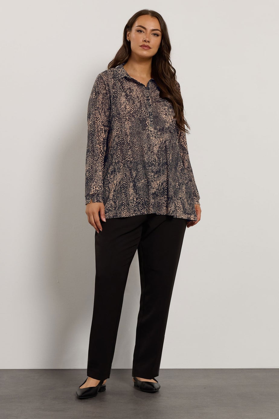 Evans Curve Natural & Black Animal Print Half Placket Shirt