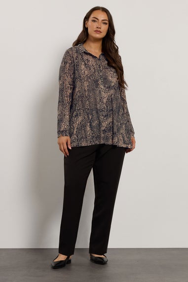 Evans Curve Natural & Black Animal Print Half Placket Shirt