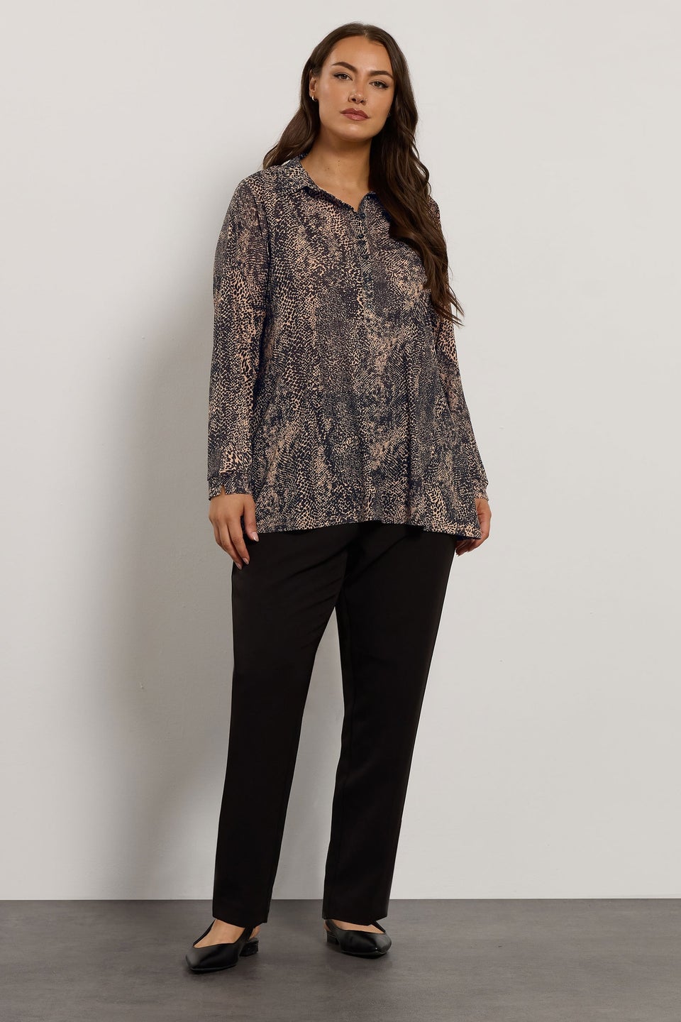 Evans Curve Natural & Black Animal Print Half Placket Shirt