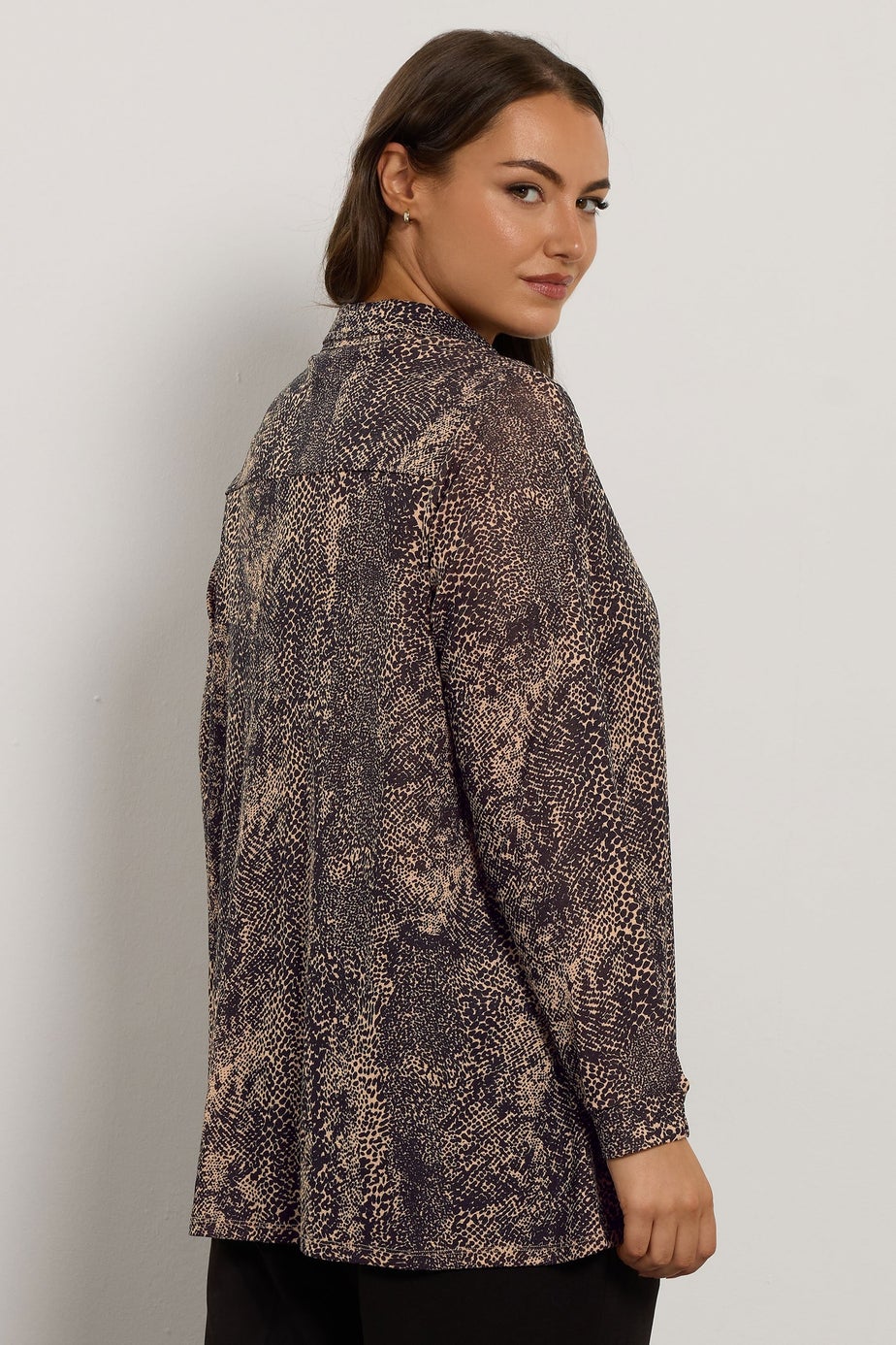 Evans Curve Natural & Black Animal Print Half Placket Shirt