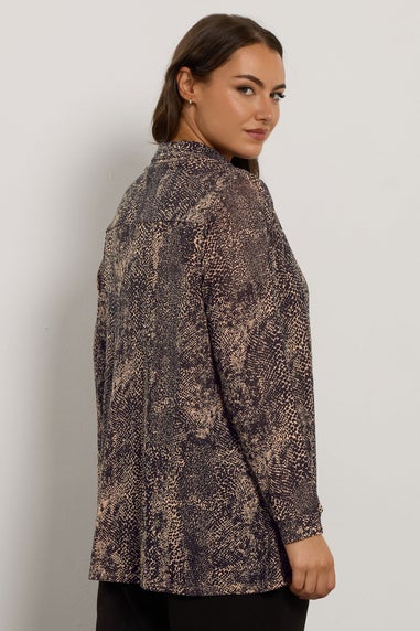 Evans Curve Natural & Black Animal Print Half Placket Shirt