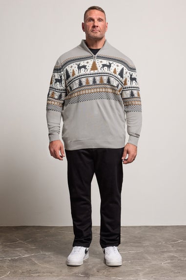 BadRhino Grey Fairisle Deer Quarter Zip Knitted Jumper