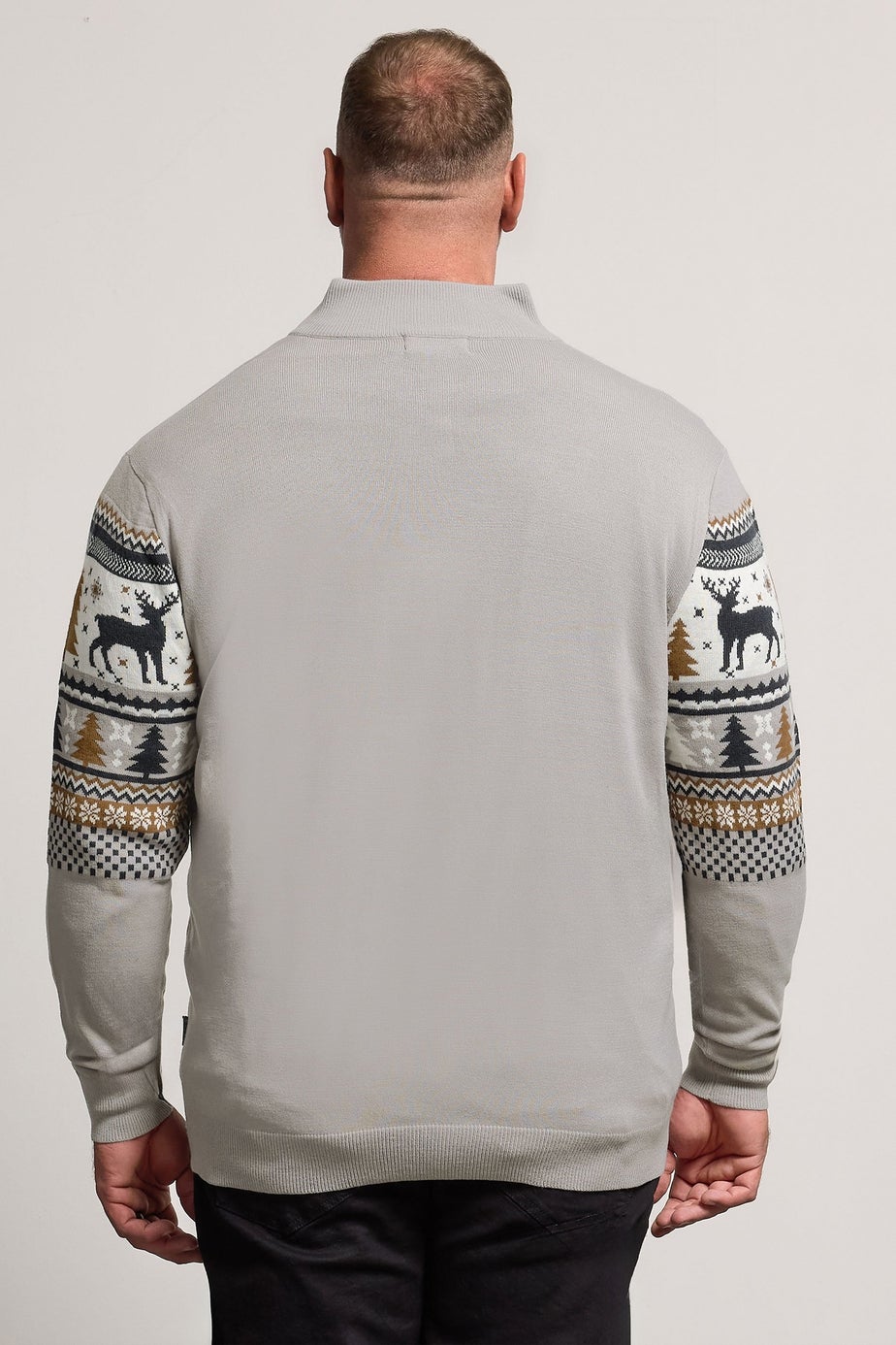 BadRhino Grey Fairisle Deer Quarter Zip Knitted Jumper