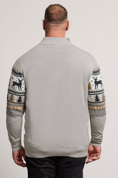 BadRhino Grey Fairisle Deer Quarter Zip Knitted Jumper