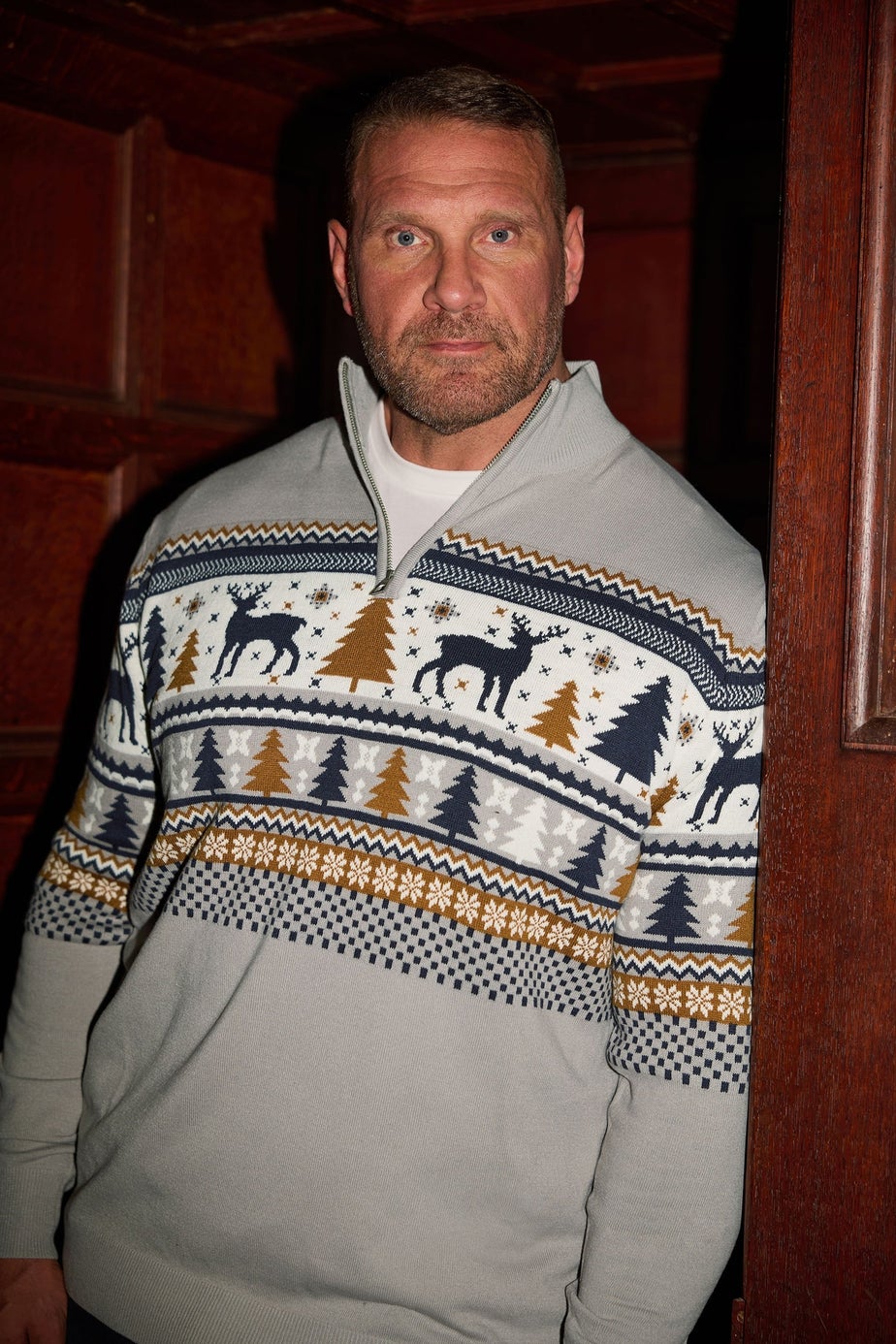 BadRhino Grey Fairisle Deer Quarter Zip Knitted Jumper