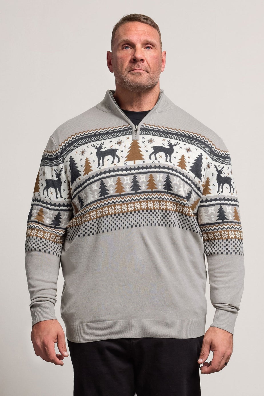 BadRhino Grey Fairisle Deer Quarter Zip Knitted Jumper