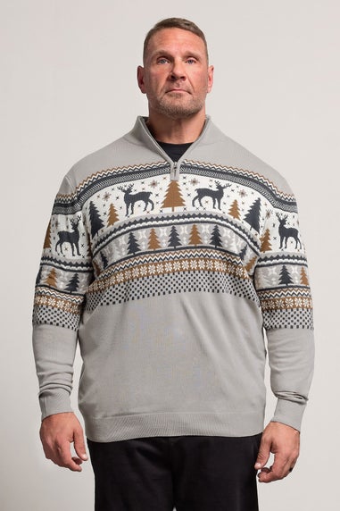 BadRhino Grey Fairisle Deer Quarter Zip Knitted Jumper