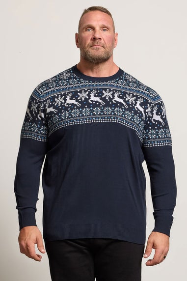 BadRhino Navy Blue Crew Neck Fairisle Knitted Jumper