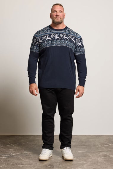 BadRhino Navy Blue Crew Neck Fairisle Knitted Jumper