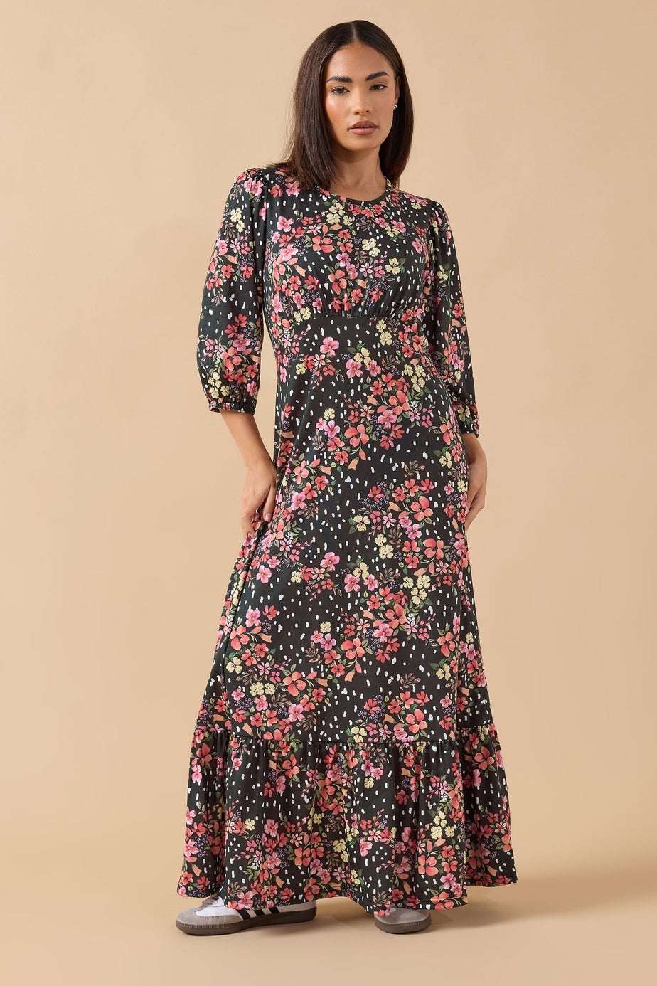 PixieGirl Petite Black Spot & Floral Print Maxi Dress
