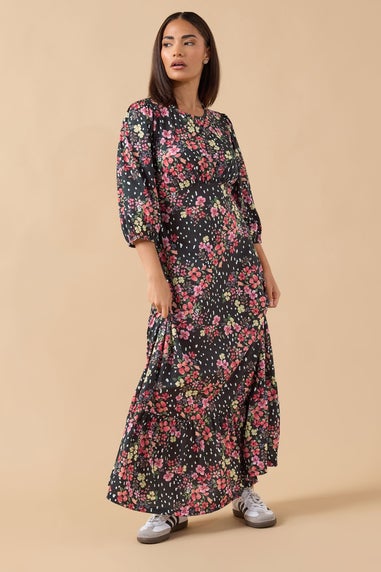 PixieGirl Petite Black Spot & Floral Print Maxi Dress