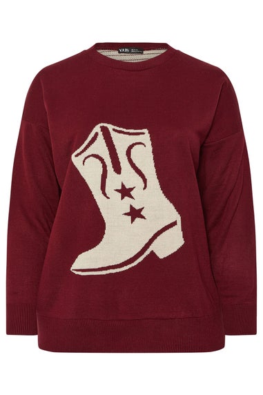 Yours Curve Burgundy Red Western Boot Jumper