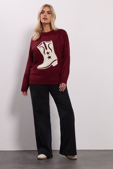 Yours Curve Burgundy Red Western Boot Jumper