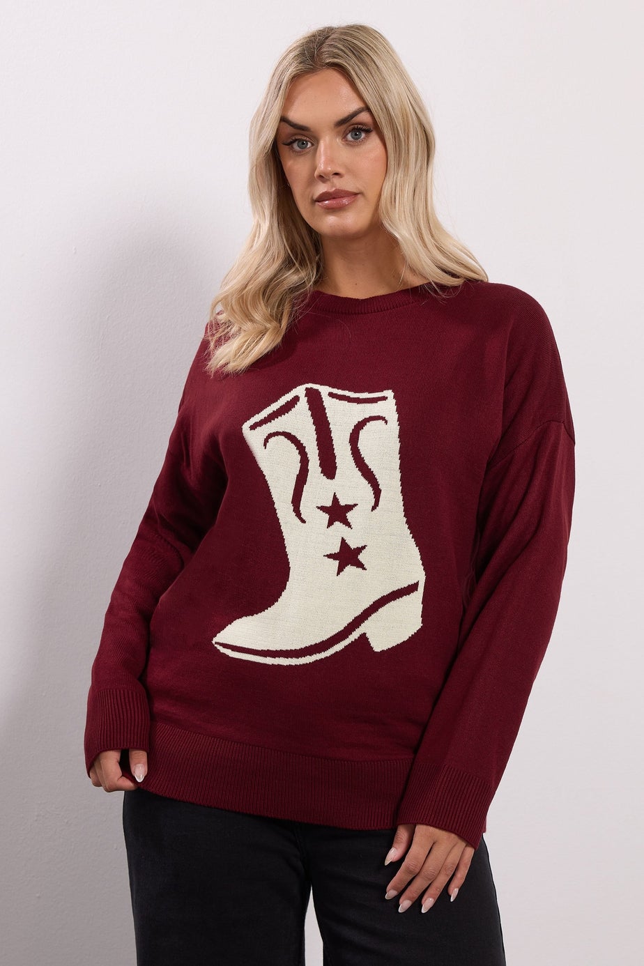 Yours Curve Burgundy Red Western Boot Jumper