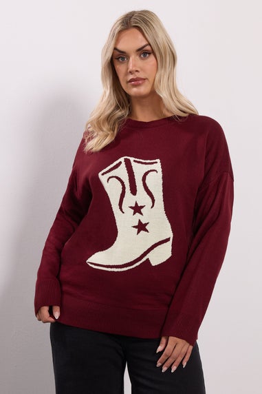 Yours Curve Burgundy Red Western Boot Jumper