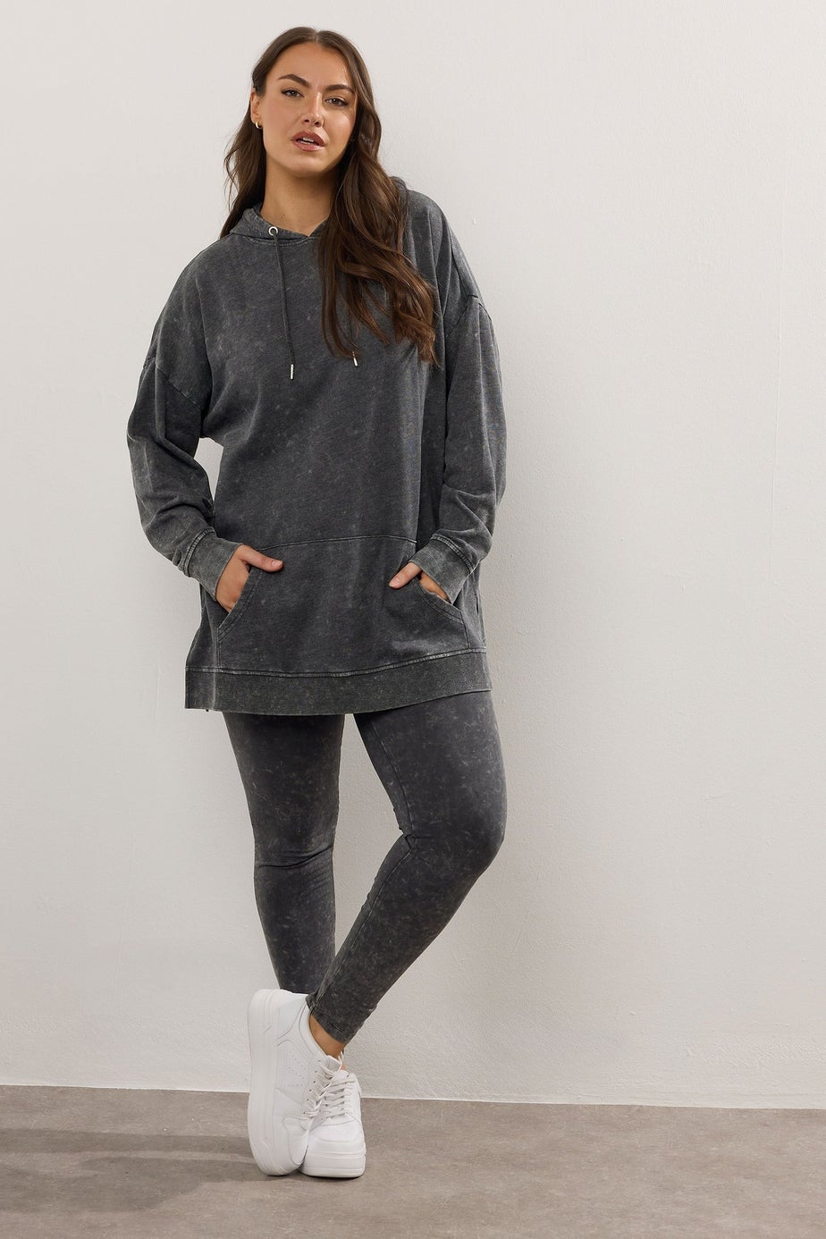 Yours Curve Black Acid Wash Longline Hoodie