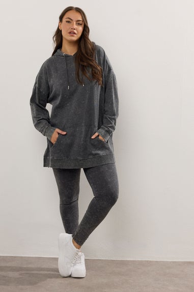 Yours Curve Black Acid Wash Longline Hoodie