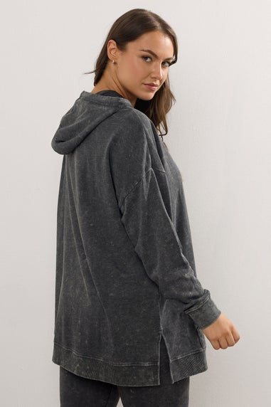 Yours Curve Black Acid Wash Longline Hoodie