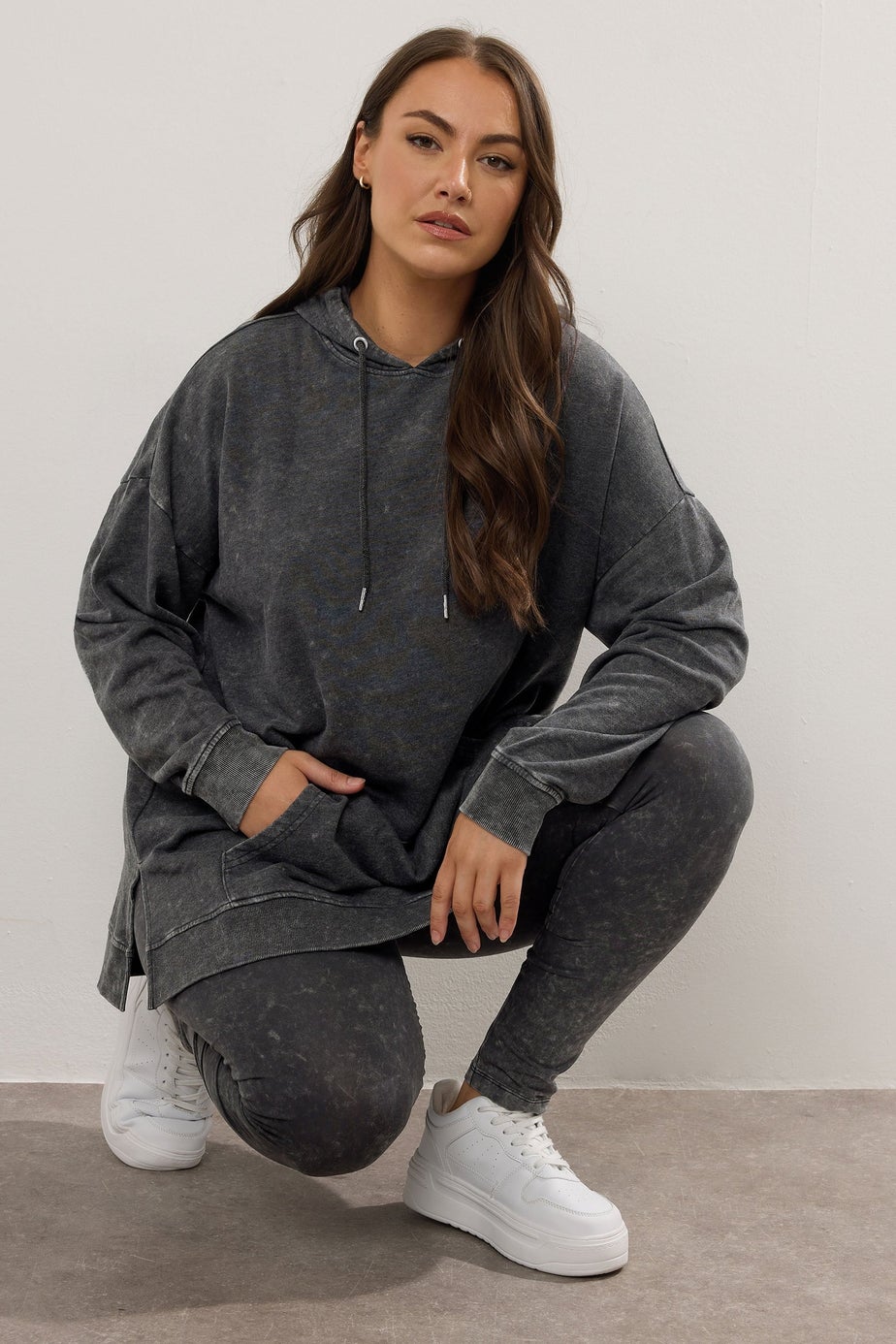 Yours Curve Black Acid Wash Longline Hoodie
