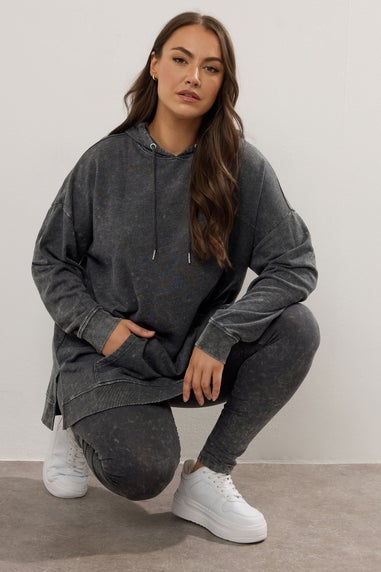 Yours Curve Black Acid Wash Longline Hoodie