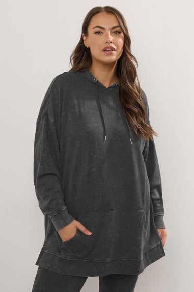 Yours Curve Black Acid Wash Longline Hoodie