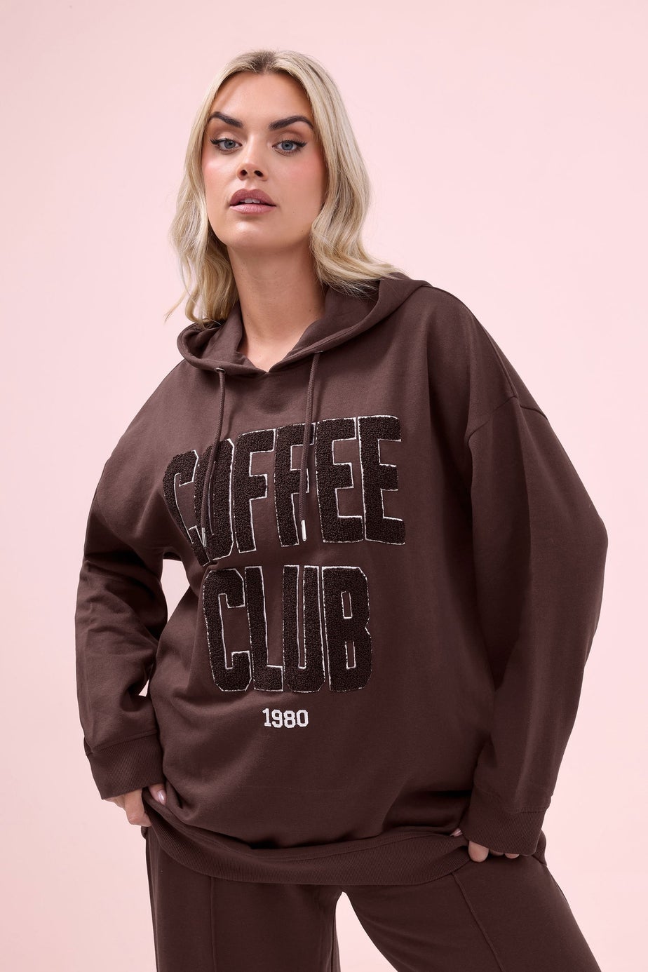 Yours Curve Brown 'Coffee Club' Slogan Hoodie