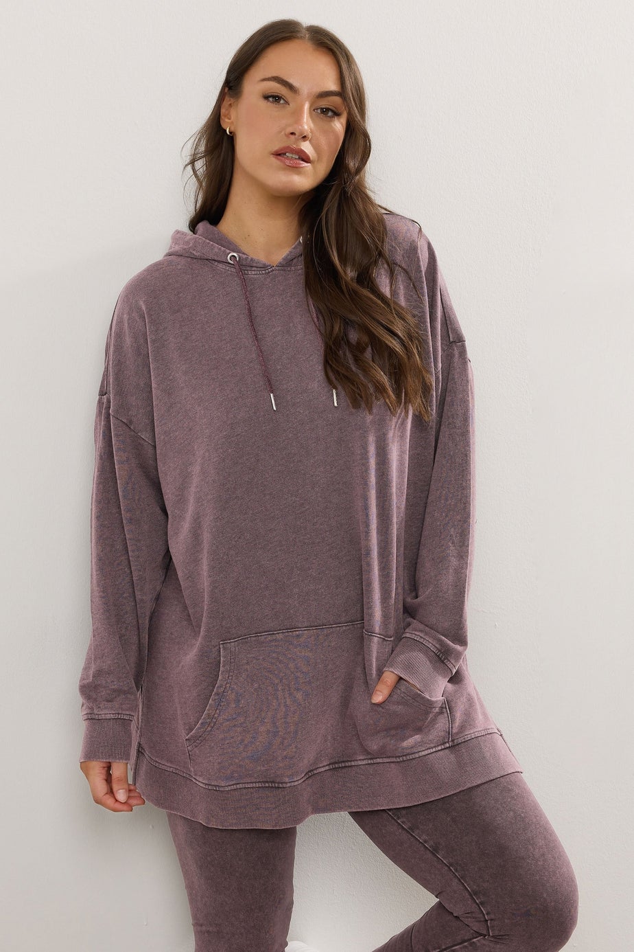 Yours Curve Burgundy Red Acid Wash Hoodie