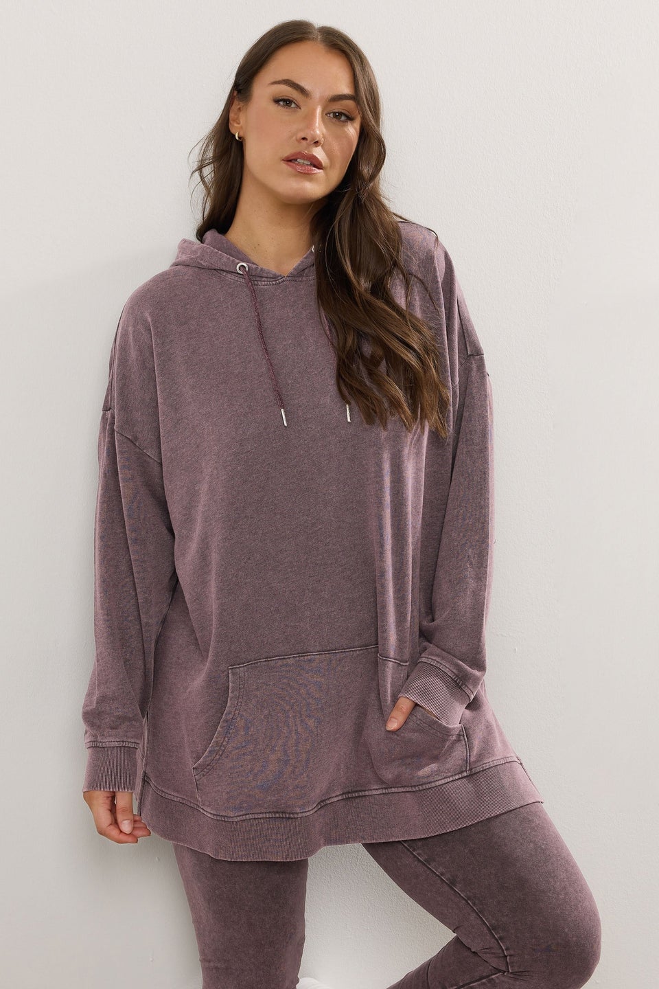 Yours Curve Burgundy Red Acid Wash Hoodie