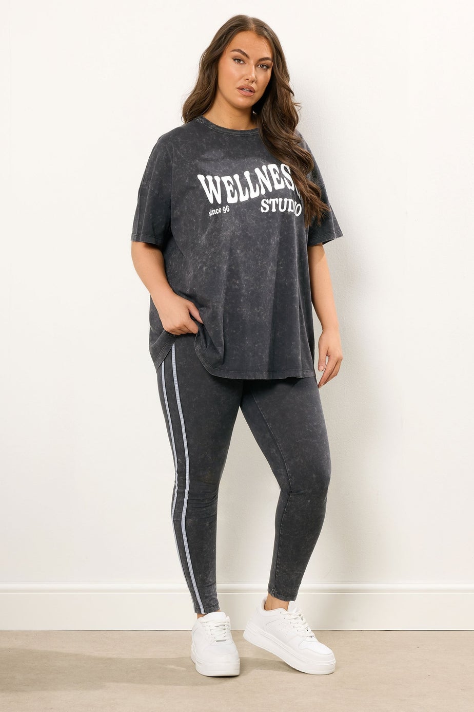 Yours Curve Grey Acid Wash Side Stripe Leggings