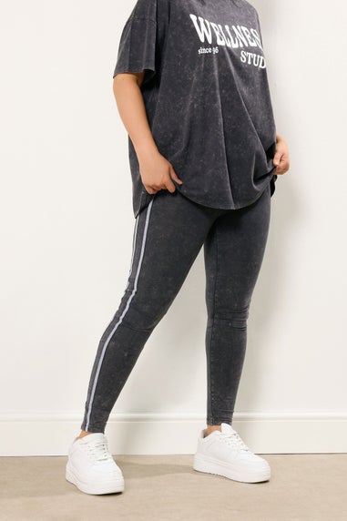 Yours Curve Grey Acid Wash Side Stripe Leggings