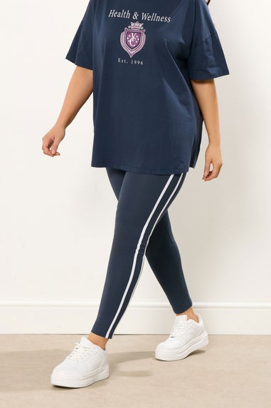 Yours Curve Navy Blue Side Stripe Leggings
