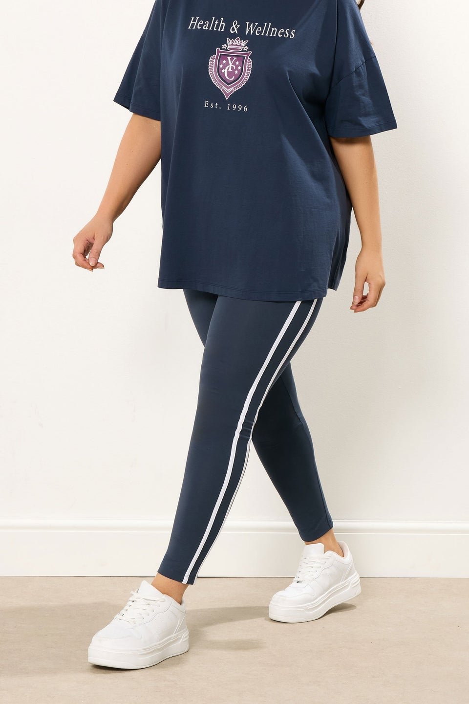 Yours Curve Navy Blue Side Stripe Leggings