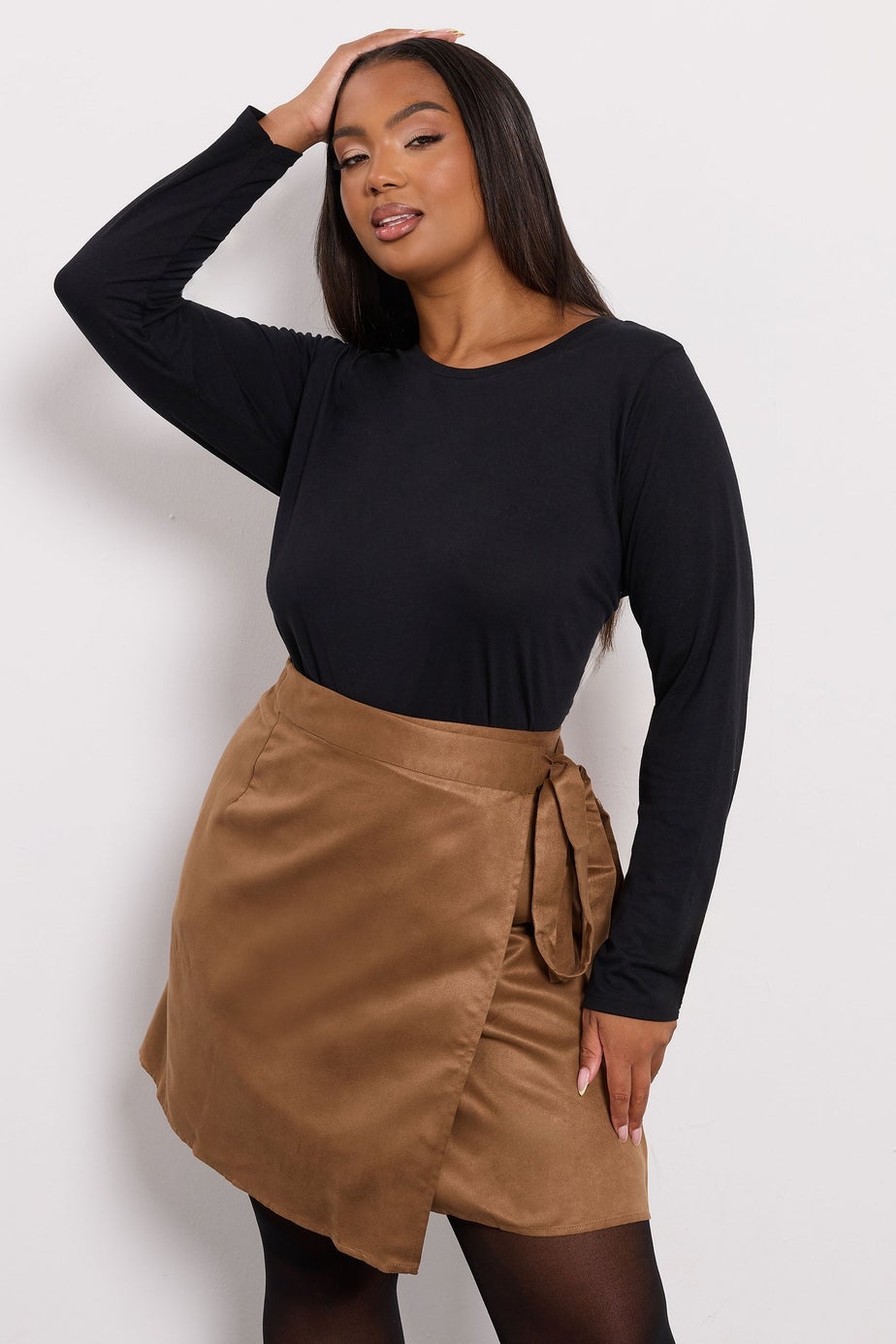 Yours Curve Brown Faux Suede Wrap Mini Skirt
