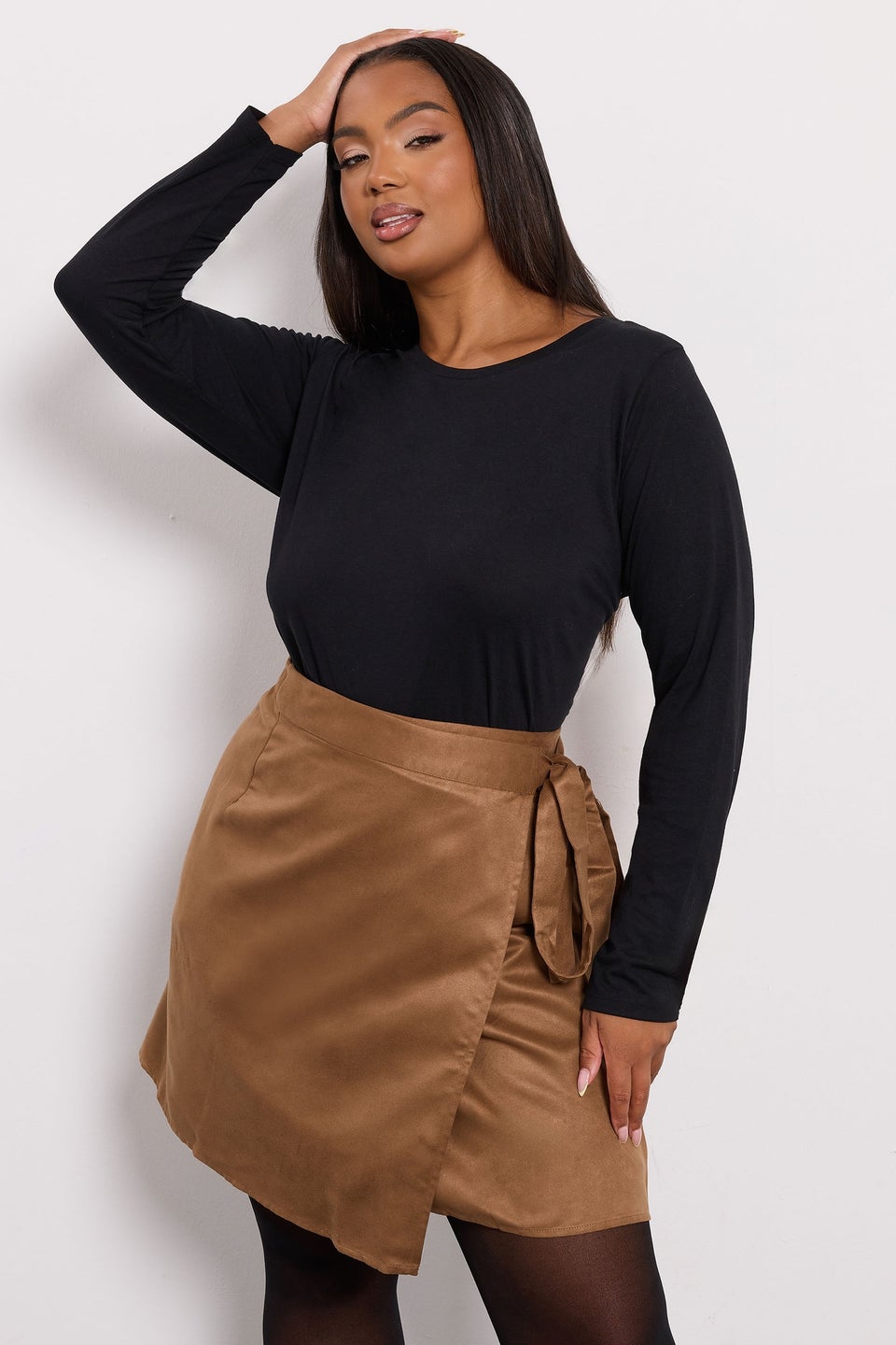 Yours Curve Brown Faux Suede Wrap Mini Skirt