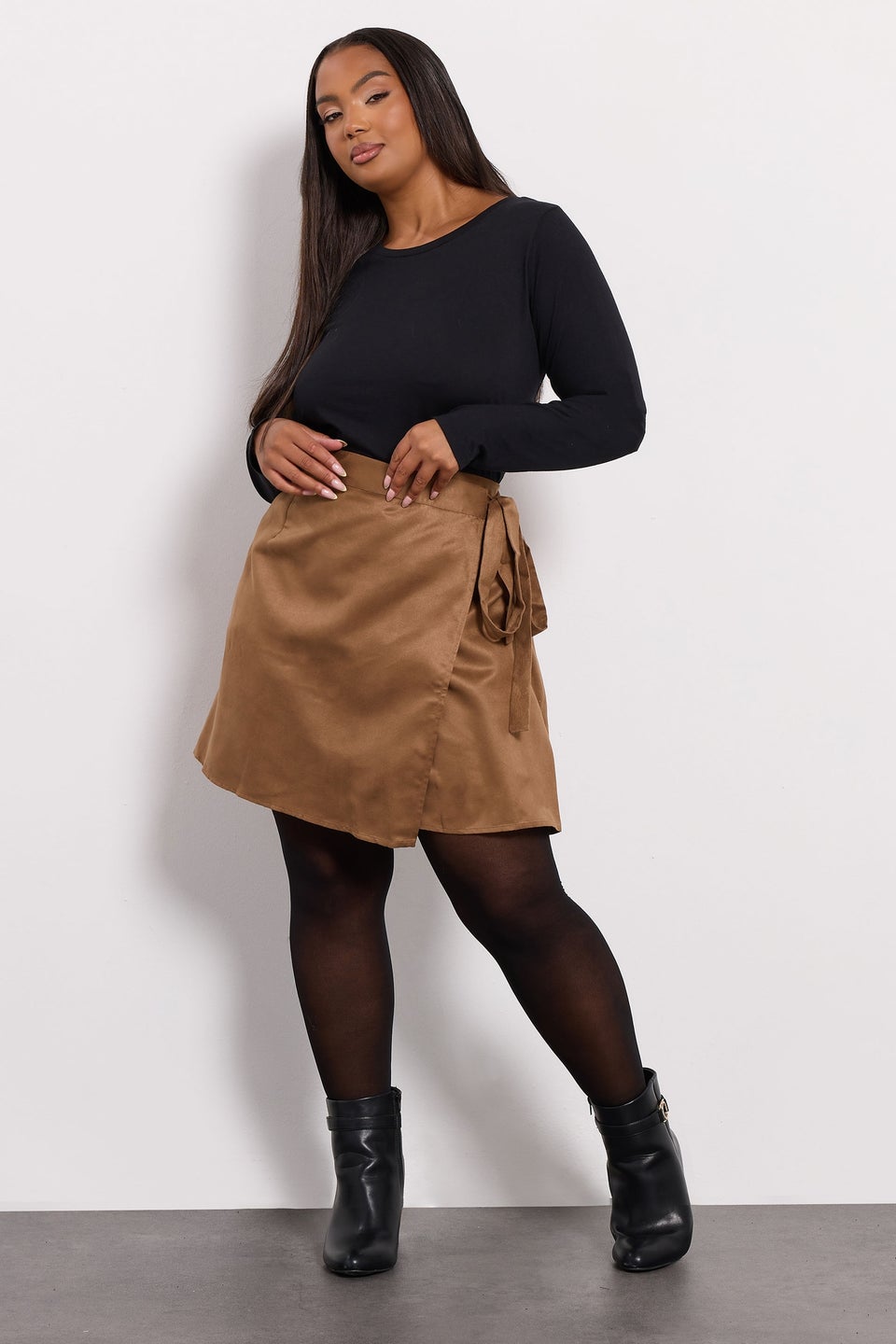 Yours Curve Brown Faux Suede Wrap Mini Skirt