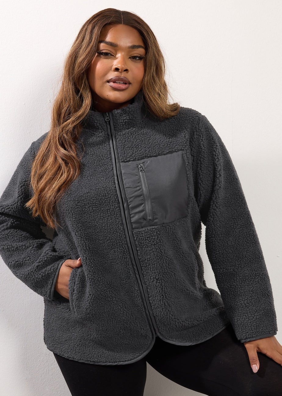 Yours Curve Grey Pocket Teddy Fleece Jacket