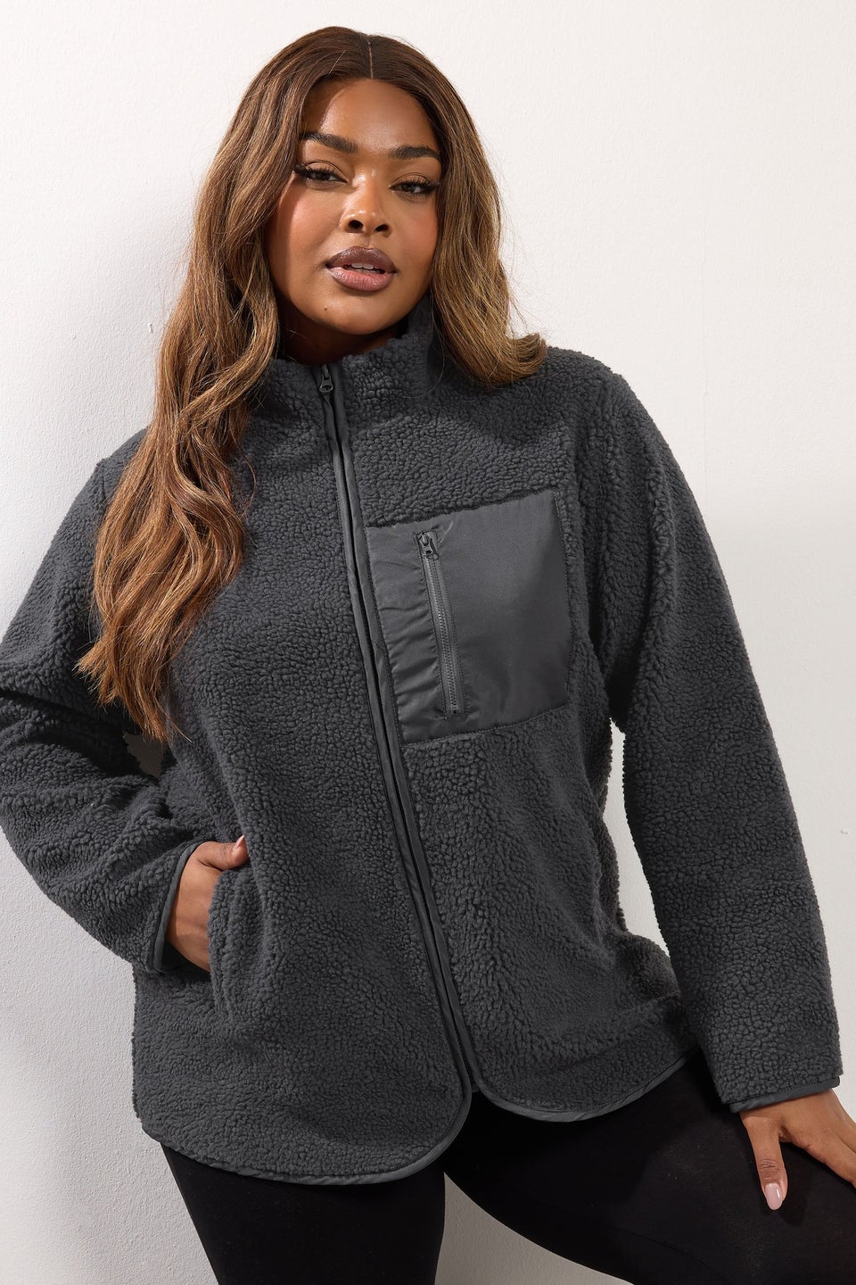 Yours Curve Grey Pocket Teddy Fleece Jacket